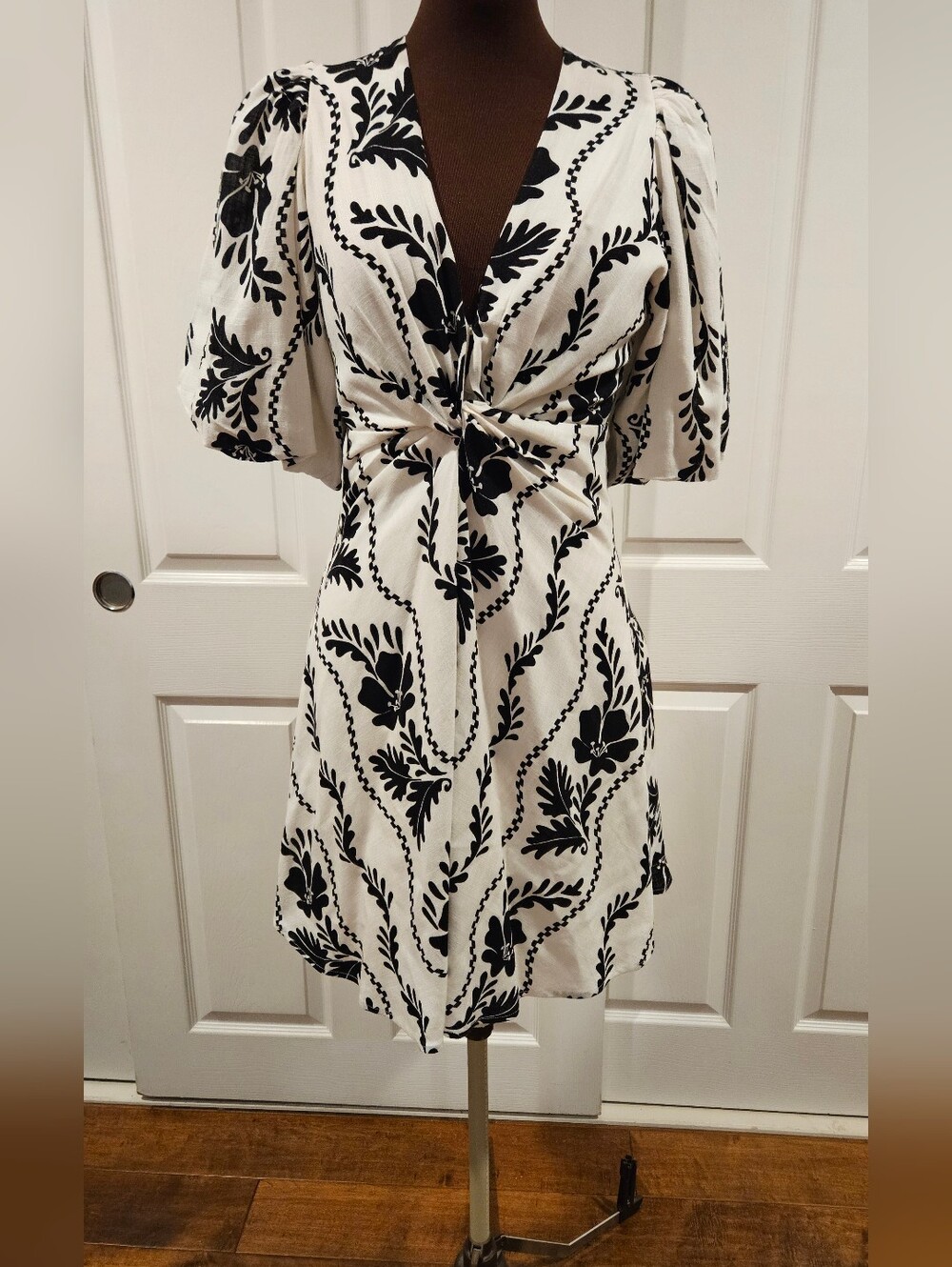 Black & White Floral Twist-Front Mini Dress